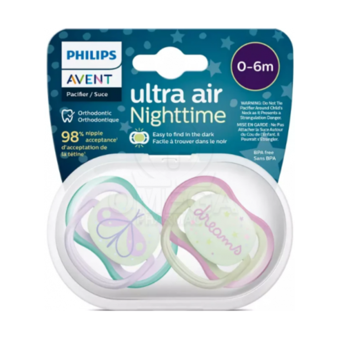 AVENT - Ultra Air Nighttime Ορθοδοντικές Πιπίλες Σιλικόνης Νυκτός 0-6m Mixed Αστέρι - Κουκουβάγια - Πεταλούδα 2τμχ