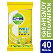 DETTOL - Surface Wipes Lemon & Lime Υγρά Απολυμαντικά Πανάκια Καθαρισμού Επιφανειών 40 Τμχ