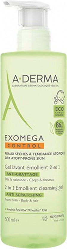 A-DERMA - Exomega Control 2 in 1 Anti-Scratching Emolient Cleansing Gel Ενυδατικό Gel Καθαρισμού για Ατοπικό - Ξηρό Δέρμα 500ml