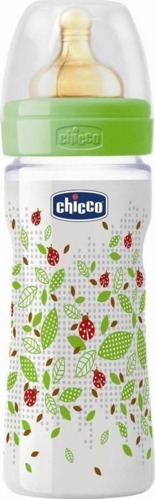 CHICCO - Well-Being Μπιμπερό Πλαστικό με Θηλή Καουτσούκ 2+m, Μέτρια Ροή, Πράσινο Χρώμα, 250ml