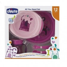 CHICCO - Σετ Φαγητού 12M+ (Πιάτο/Μπωλ+Ποτήρι+Κουτάλι+Πηρούνι) σε Ροζ χρώμα