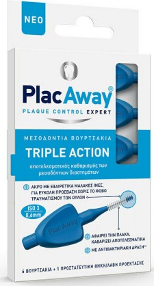 PLAC AWAY - Triple Action Μεσοδόντια Βουρτσάκια 0.6mm Μπλέ 6τμχ