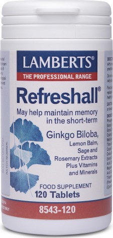 LAMBERTS - Refreshall Σύμπλεγμα Gingko, Βάλσαμο λεμονιού, Φασκόμηλο και Δεντρολίβανο για την Ενίσχυση της Μνήμης 120 Tabs