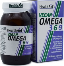 HEALTH AID - Vegan Omega 3-6-9 Συμπλήρωμα Διατροφής με Ακόρεστα Λιπαρά Οξέα για την Υγεία Καρδιάς, Κυκλοφορικού, Εγκεφάλου & Επιδερμίδας 60 Φυτικές Κάψουλες