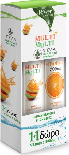 POWER HEALTH - Promo Multi + Multi με Στέβια Αναβράζουσα Πολυβιταμίνη με Γεύση Ροδάκινο, 20 eff. tabs & μαζί Vitamin C 500mg Αναβράζουσα Βιταμίνη C με Γεύση Πορτοκάλι, 20 eff. tabs
