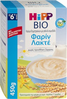 HIPP - Βρεφική Κρέμα Bio Φαρίν Λακτέ Δημητριακά με Γάλα & Σιμιγδάλι 6m+ 450gr