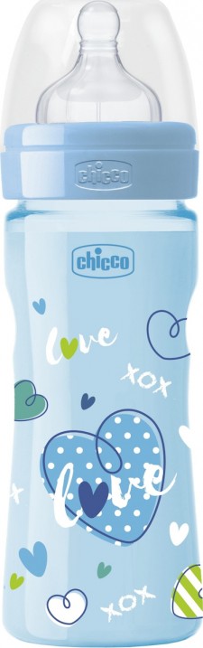 CHICCO - Well Being Πλαστικό Μπιμπερό, με Θηλή Σιλικόνης Μέτρια Ροή 2m+ 250ml Blue