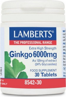 LAMBERTS - Ginkgo Biloba Extract 6000mg, Ενίσχυση Μνήμης & Συγκέντρωσης, Βελτίωση Κυκλοφορίας του Αίματος,  Ενδυνάμωση της Τριχοφυϊας, 30tabs