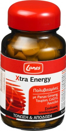 LANES - Xtra Energy Πολυβιταμίνες Με Panax, Ginseng, Ταυρίνη, CoQ10 30 Ταμπλέτες Για Τόνωση & Απόδοση