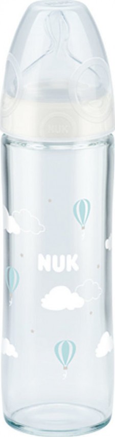 NUK - Γυάλινο Μπιμπερό New Classic Κατά των Κολικών με Θηλή Σιλικόνης για 0-6 μηνών Λευκό Συννεφάκια 240ml