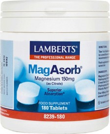 LAMBERTS - Mag Asorb, Συμπλήρωμα Διατροφής για την Ανάπτυξη των Οστών & τη Σωστή Λειτουργία Νευρικού Συστήματος & Μυών - 180 tabs