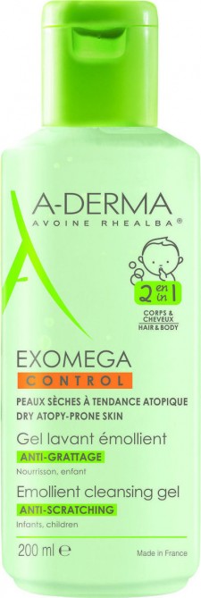 A-DERMA - Exomega Control 2 in 1 Anti-Scratching Emolient Cleansing Gel Ενυδατικό Gel Καθαρισμού για Ατοπικό - Ξηρό Δέρμα 200ml