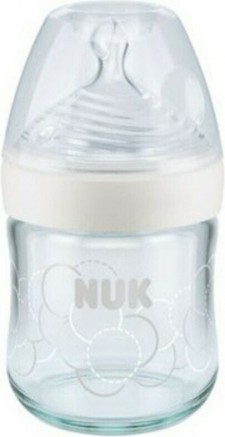 NUK - Γυάλινο Μπιμπερό Nature Sense Κατά των Κολικών με Θηλή Σιλικόνης  για 0-6 μηνών Λευκό Κύκλοι 120ml