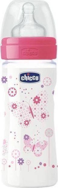 CHICCO - Well Being Bottle 2m+ Πλαστικό Μπιμπερό Κατά των Κολικών Με Θηλή Σιλικόνης Σαν τη Μαμά Ροζ Χρώμα, 250ml