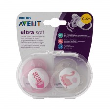 AVENT - Ultra Soft 0-6m Ροζ - Άσπρο Ελαφριά Πιπίλα Σιλικόνης για Ανακούφιση & Άνεση 2 Τεμάχια