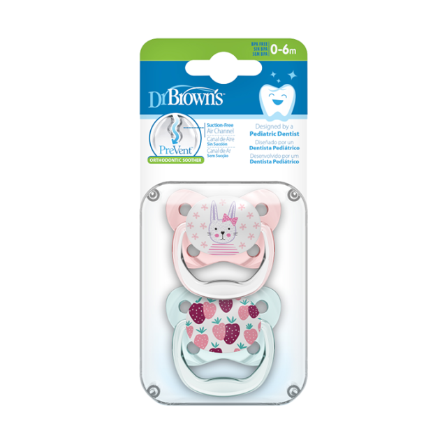 DR. BROWNS - Ορθοδοντικές Πιπίλες Σιλικόνης PreVent για 0-6m με Σχέδια Λαγουδάκι και Φράουλες 2τμχ