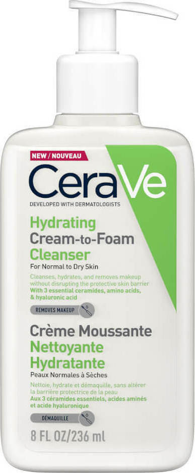 CERAVE - Hydrating Cream to Foam Cleanser for Normal to Dry Skin Αφρώδης Κρέμα Καθαρισμού για Κανονικό Ξηρό Δέρμα 236ml