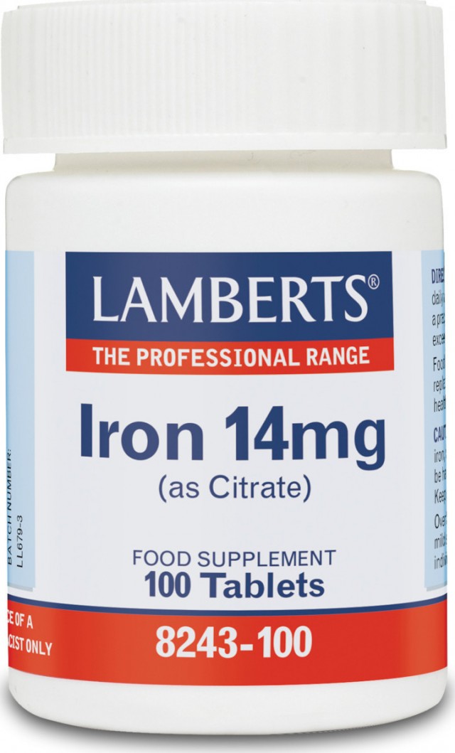 LAMBERTS - Iron 14mg, Συμπλήρωμα Διατροφής με Σίδηρο για την Αναπλήρωση των Εξαντλημένων Αποθηκών Σιδήρου του Οργανισμού, 100 Tabs