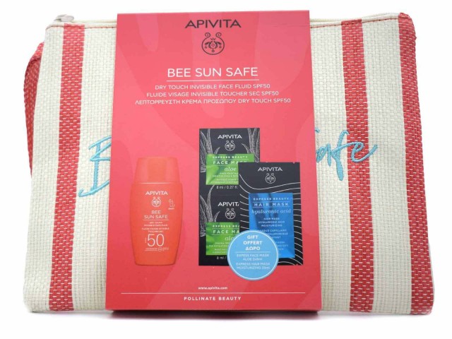 APIVITA - Promo Bee Sun Safe Dry Touch Invisible Face Fluid Spf50 with Marine 50ml - Express Beauty  Face Mask with Aloe 2x8ml -Express Beauty Moisturizing Hair Mask Hyaluronic Acid & Δώρο Νεσεσέρ