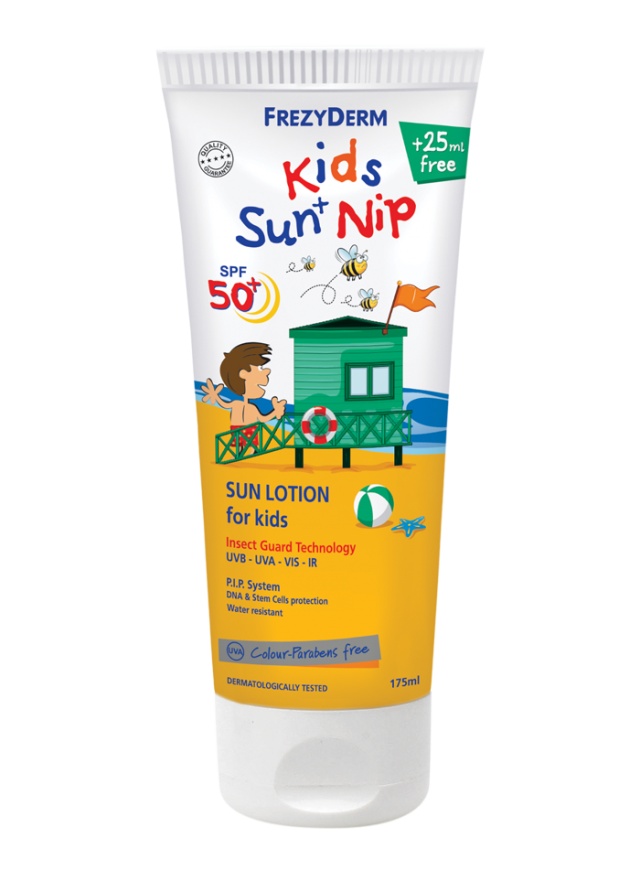 FREZYDERM - Kids Sun+ Nip SPF50+ Παιδικό Αντηλιακό Γαλάκτωμα Με Εντομοαπωθητική Δράση 175ml+ ΔΩΡΟ 25ml Επιπλέον Ποσότητα