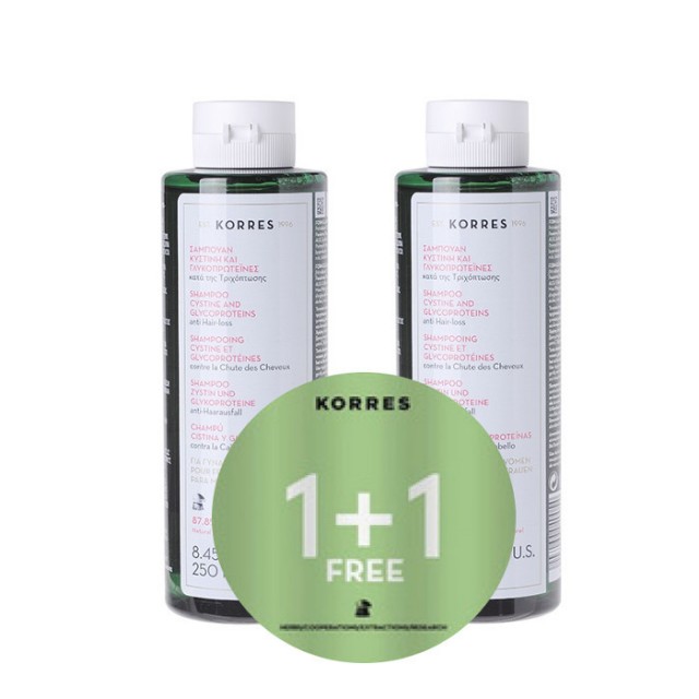 KORRES - Promo Shampoo Γυναικείο Κυστίνη και Γλυκοπρωτεïνες, κατά της Τριχόπτωσης 2x250ml