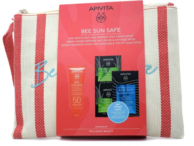 APIVITA - Promo Bee Sun Safe Anti-Spot & Anti-Age Defence Face Cream Spf50 50ml - Express Beauty Face Mask with Aloe 2x8ml - Express Beauty Moisturizing Hair Mask Hyaluronic Acid & Δώρο Νεσεσέρ