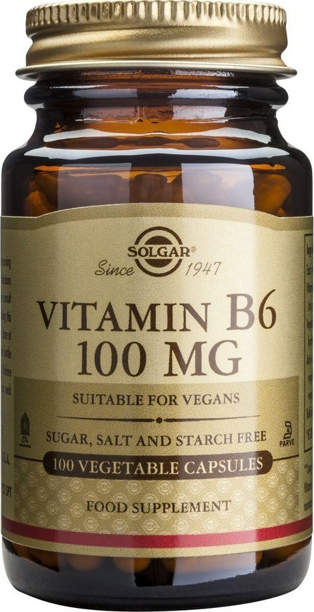 SOLGAR - Vitamin B-6 100mg 100Veg.Caps. Προστατεύει και ενισχύει την υγεία του νευρικού συστήματος
