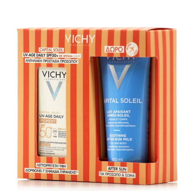 VICHY - Promo Capital Soleil UV-Age Daily Water Fluid Tinted Light SPF50+ - Λεπτόρευστη Αντηλιακή Κρέμα Προσώπου με Χρώμα Light  50ml & Δώρο Soothing After Sun Milk Ενυδατικό Γαλάκτωμα για Μετά τον Ήλιο για Πρόσωπο - Σώμα 100ml