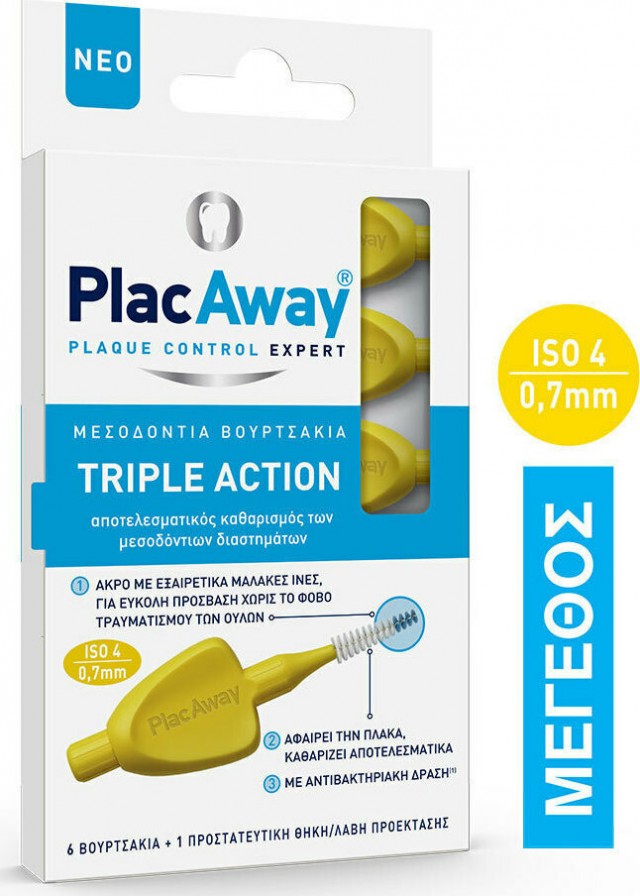 PLAC AWAY - Triple Action Μεσοδόντια Βουρτσάκια 0.7mm Κίτρινο 6τμχ