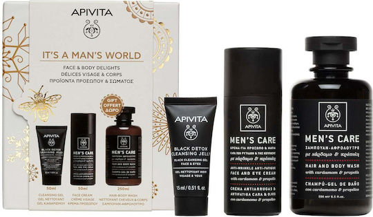 APIVITA - Promo Its A Mans World Face & Body Delights Ανδρική Κρέμα Προσώπου & Ματιών 50ml & Αφρόλουτρο-Σαμπουάν 250ml & Δώρο Μαύρο Τζελ Καθαρισμού με Ενεργό Άνθρακα 15ml