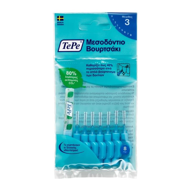 TEPE - International Blue Brush Size 3 Μεσοδόντια Βουρτσάκια Καθαρισμού Size 3, σε χρώμα μπλέ 0,6mm 8 τμχ