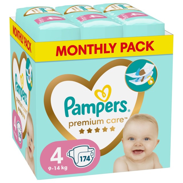 PAMPERS - Premium Care Μέγεθος 4 [9-14kg] Monthly Pack 174 Πάνες