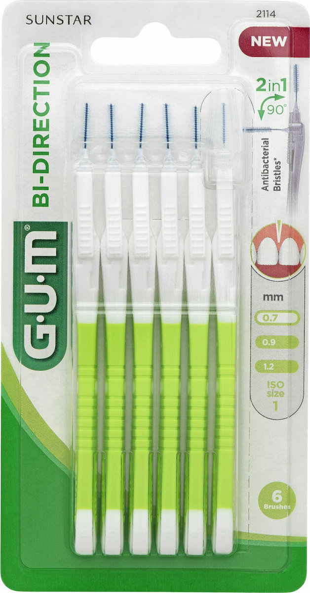 GUM - Bi-Direction Micro Fine 0,7mm Μεσοδόντια Βουρτσάκια Για Την Αφαίρεση Της Πλάκας Πράσινα 6τμχ