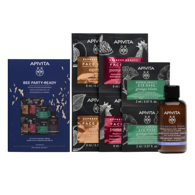 APIVITA - Promo Bee Party Ready Express Masks Ρόδι 2x8ml, Ginko Biloba 2x8ml, Scrub Βερύκοκο 2x8ml & Mini Αφρός Καθαρισμού Για Πρόσωπο & Μάτια 75ml.