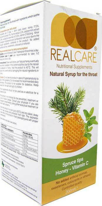 REALCARE - Φυτικό Σιρόπι με Φύτρα Ερυθρελάτης Μέλι & Βιταμίνη C που Μαλακώνουν & Καταπραΰνουν το Λαιμό 200ml
