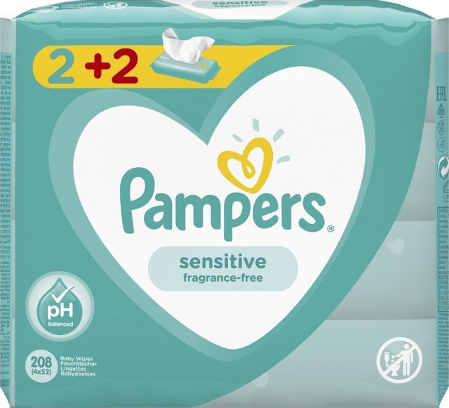 PAMPERS - Promo Pack Μωρομάντηλα Sensitive Fragrance-Free 208 τεμάχια - 4x52 (2+2 Δώρο)