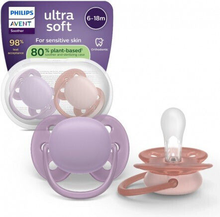 AVENT - Ultra Soft Ορθοδοντικές Πιπίλες Σιλικόνης 6-18m+ Μωβ-Ροζ 2τμχ