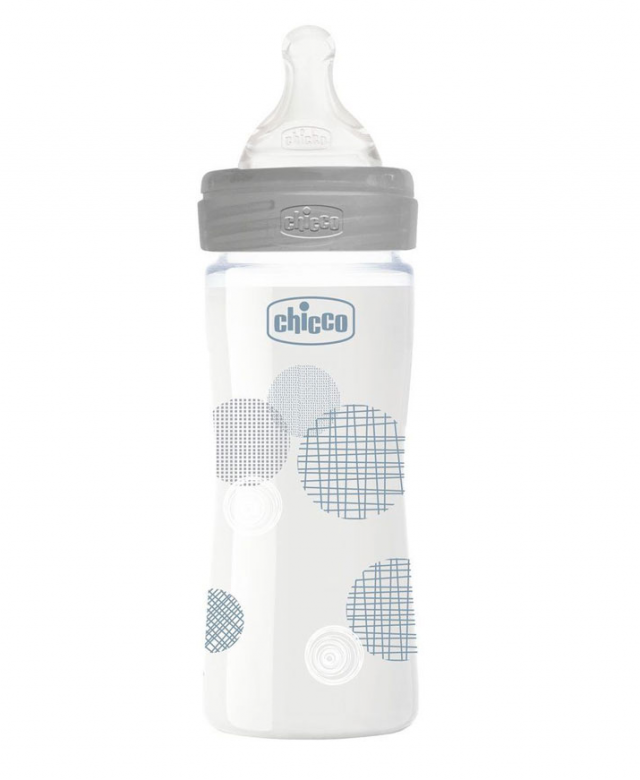 CHICCO - Γυάλινο Μπιμπερό Well Being Θηλή αργής Ροής Σιλικόνης 0m+ Γκρι 240ml