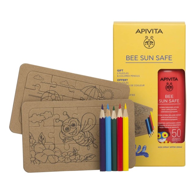 APIVITA - Promo Bee Sun Safe Beach Essentials Hydra Sun Kids Lotion Spray Ενυδατική Αντηλιακή Λοσιόν για Παιδιά SPF50 200ml & Δώρο 2 Παζλ & Ξυλομπογιές