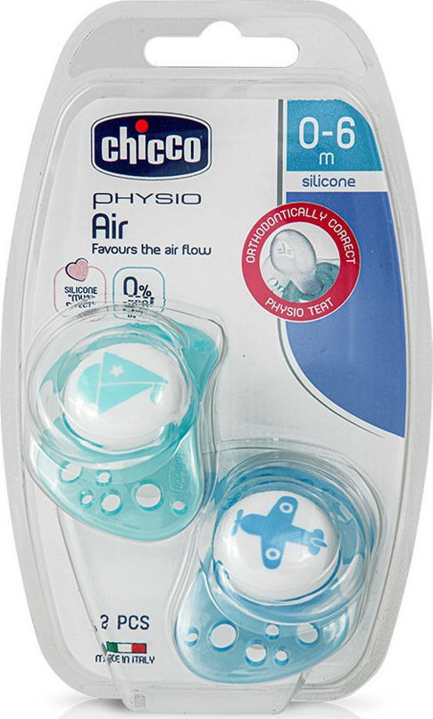 CHICCO - Πιπίλα Physio Air Σιλικόνης 0-6m+ Σιέλ  2 Τμχ