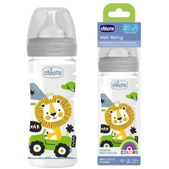 CHICCO - Πλαστικό Μπιμπερό Well Being Κατά των Κολικών με Θηλή Σιλικόνης για 2m+ Grey Lion 250ml