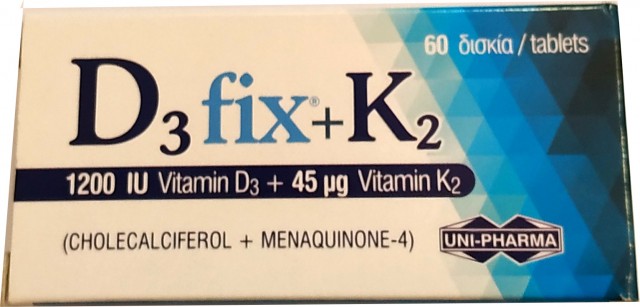 UNI-PHARMA - D3 Fix 1200IU + K2 45μg Συμπλήρωμα Διατροφής με Βιταμίνη D3 & K2 60 Δισκία