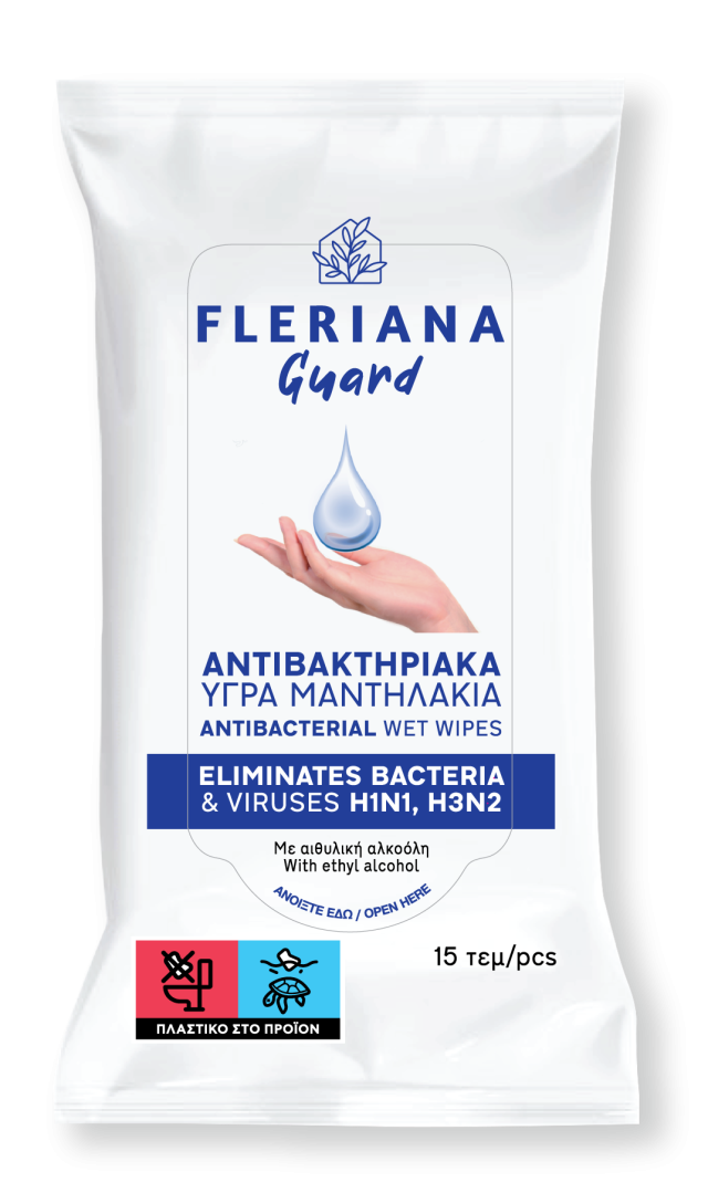 POWER HEALTH - Fleriana Guard Antibacterial Wet Wipes Αντιβακτηριακά Υγρά Μαντηλάκια Χεριών με Άρωμα Λεμόνι 15 τεμάχια