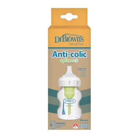 DR BROWNS - Natural Flow Options+ Anti-Colic Γυάλινο Μπιμπερό Κατά των Κολικών με Φαρδύ Λαιμό για 0m+ 150ml