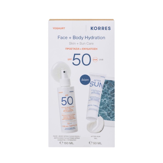 KORRES - Promo Yoghurt Sunscreen Spray Emulsion SPF 50 Body & Face, Γιαούρτι Αντηλιακό Γαλάκτωμα Σπρέι Σώματος, Προσώπου SPF50 150ml & After Sun Gel 50ml