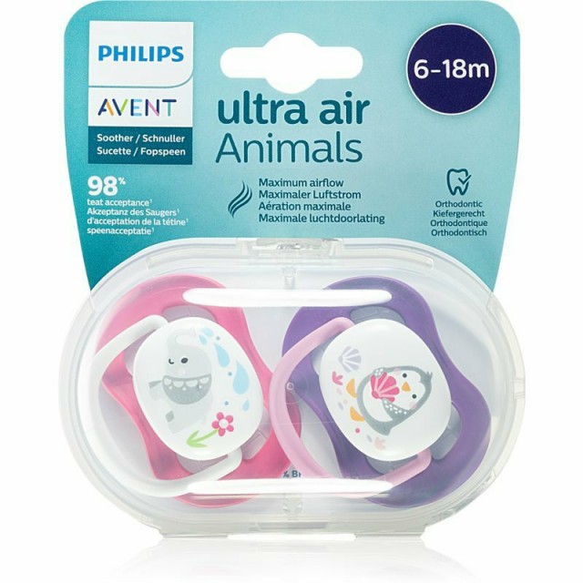 AVENT - Πιπίλες Σιλικόνης για 6-18 μηνών Ultra Air Animals Ροζ 2τμχ