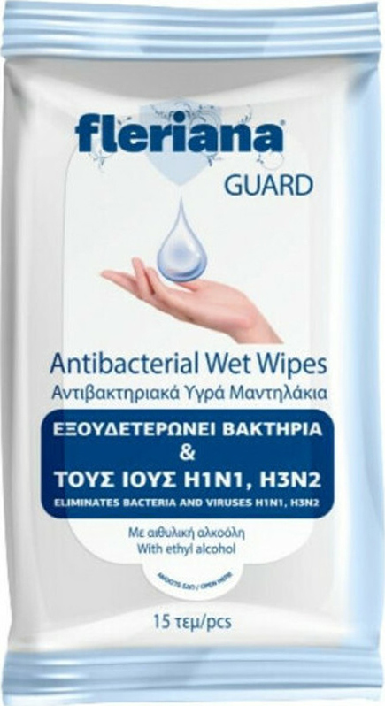 POWER HEALTH - Fleriana Guard Antibacterial Wet Wipes Αντιβακτηριακά Υγρά Μαντηλάκια Χεριών με Άρωμα Λεμόνι, 15 τεμάχια