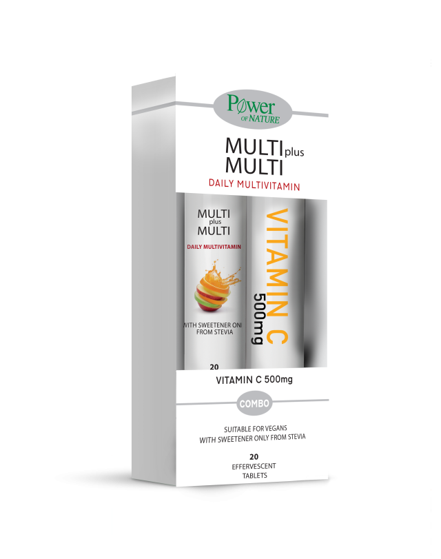 POWER HEALTH - Promo Multi plus Multi με Στέβια Αναβράζουσα Πολυβιταμίνη με Γεύση Ροδάκινο 20 eff. tabs & Vitamin C 500mg Αναβράζουσα Βιταμίνη C με Γεύση Πορτοκάλι 20 eff. tabs