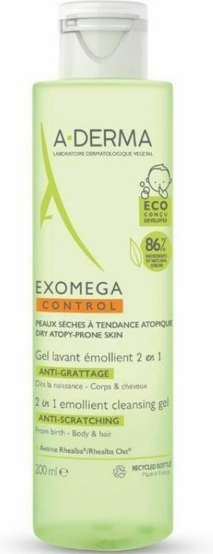 A-DERMA - Exomega Control 2 in 1 Anti-Scratching Emolient Cleansing Gel Ενυδατικό Gel Καθαρισμού για Ατοπικό - Ξηρό Δέρμα 200ml