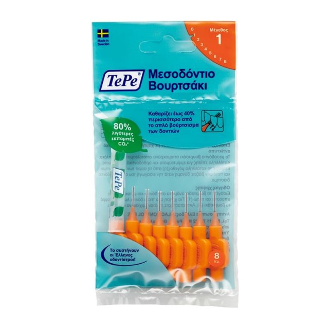 TEPE - Interdental Brush Original Size 1 , Μεσοδόντια Βουρτσάκια Καθαρισμού Μέγεθος 1,σε χρώμα πορτοκαλί 0,45mm 8 τμχ